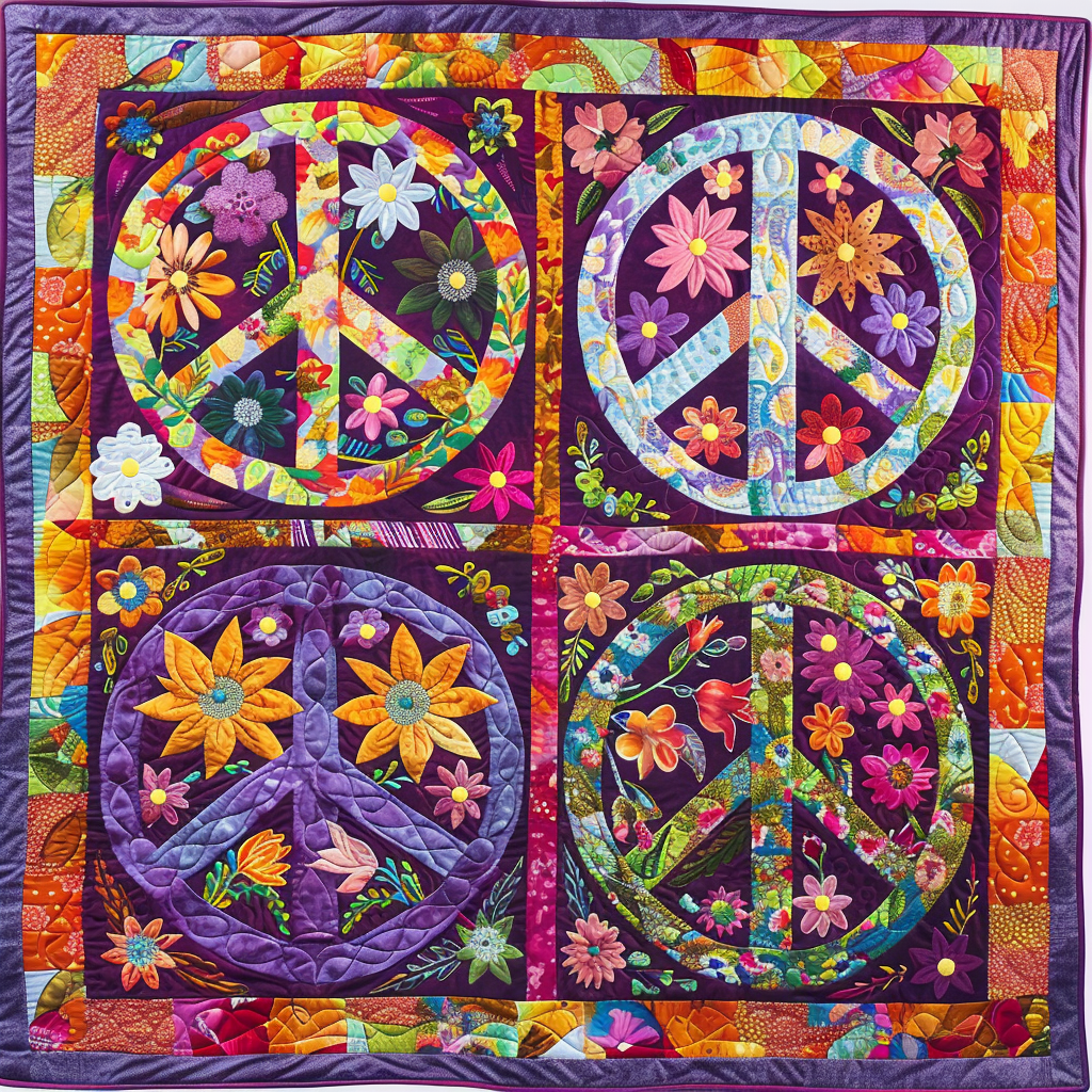 Floral Peace Signs Quilted Blanket Bed Room Art Grandmother Mothers Day Gifts
