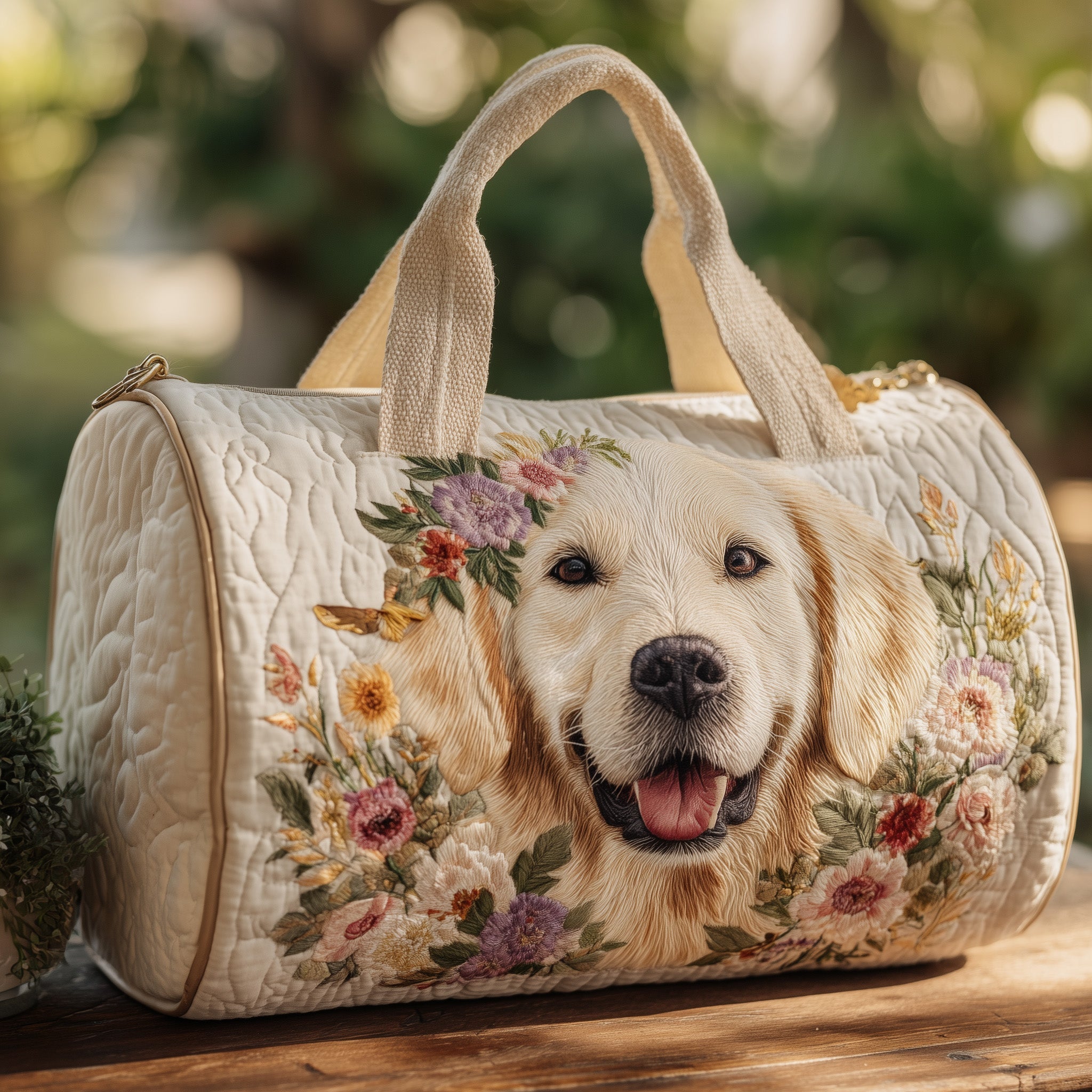 Floral Retriever Quilted Duffle Bag Best Women's Travel Duffle Bag Unique Golden Retriever Gifts