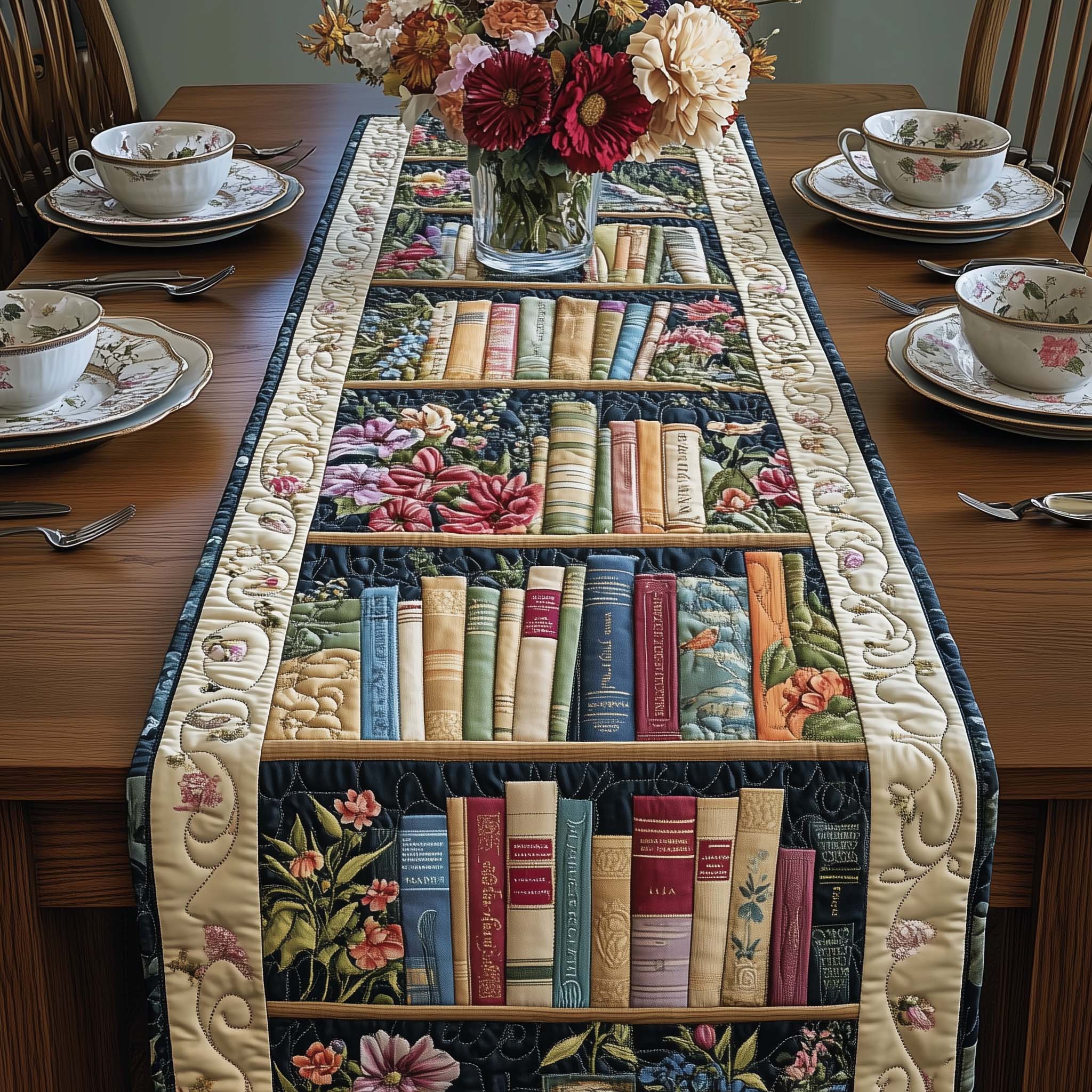 Floral Shelf Quilted Table Runner Dining Table Decor Ideas Gifts For Book Worm