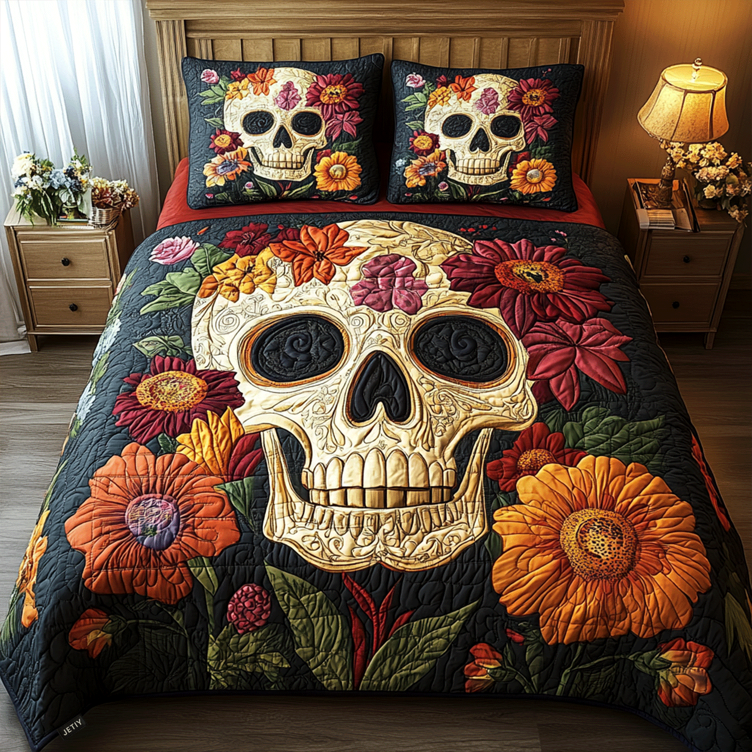 Floral Skull Charm Quilted Bedding Set Best Queen Sheets Skull Gifts For Him