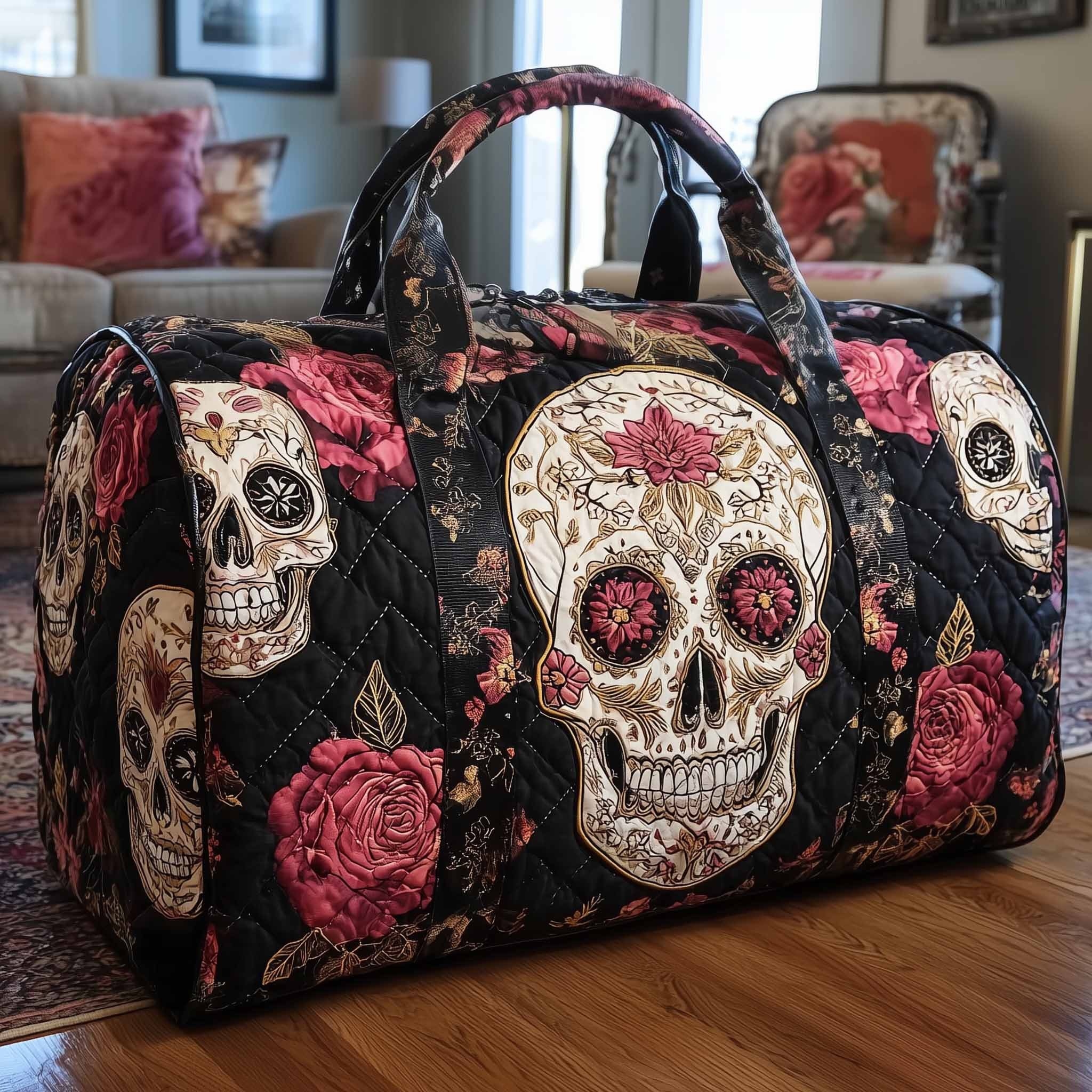 Floral Skull Quilted Duffle Bag Women's Travel Duffel Bags Good Gifts For Mom
