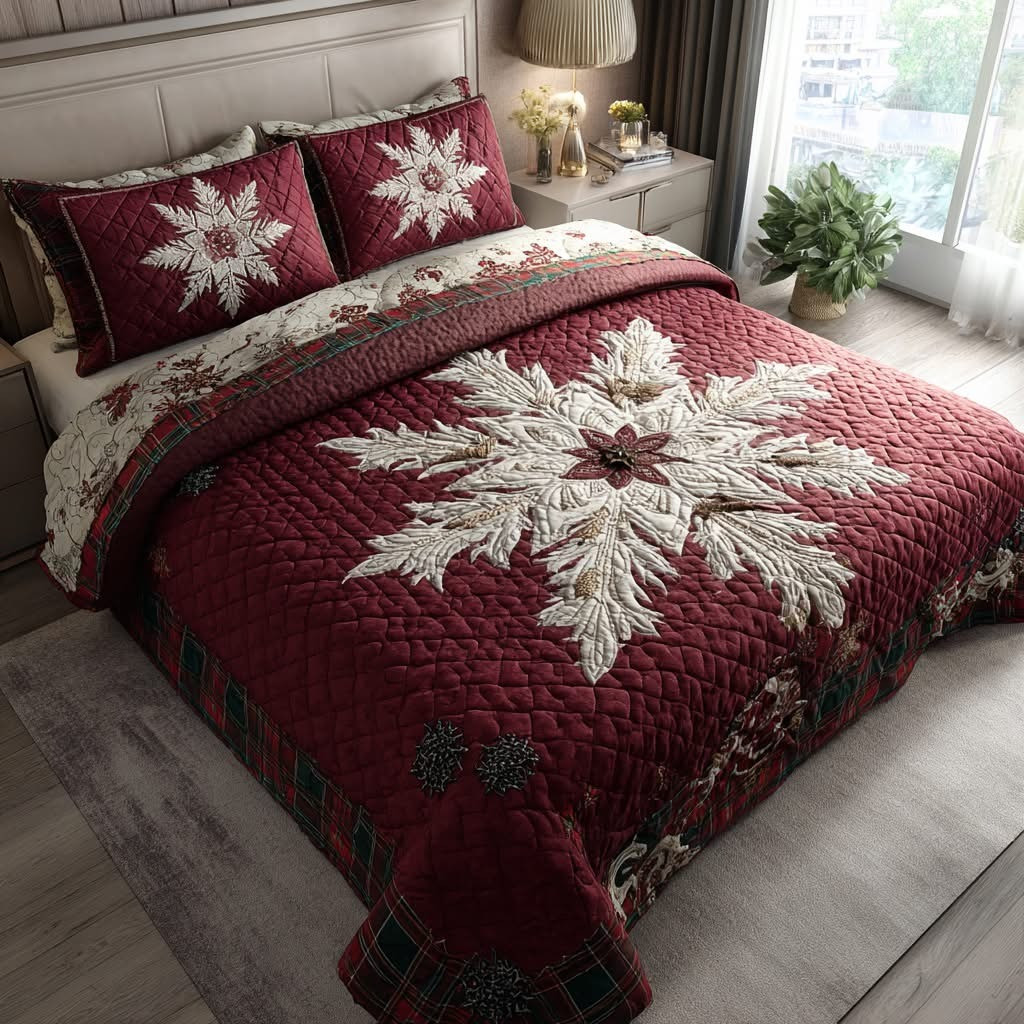 Floral Snowflake Christmas Quilted Bedding Set Duvet Cover Bedspread Xmas Gifts For Her