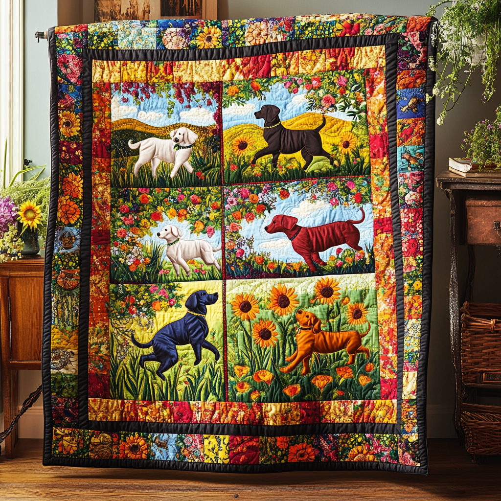 Floral Sunflower Labrador Quilted Blanket Best Bedding Sets Labrador Gifts For Owners