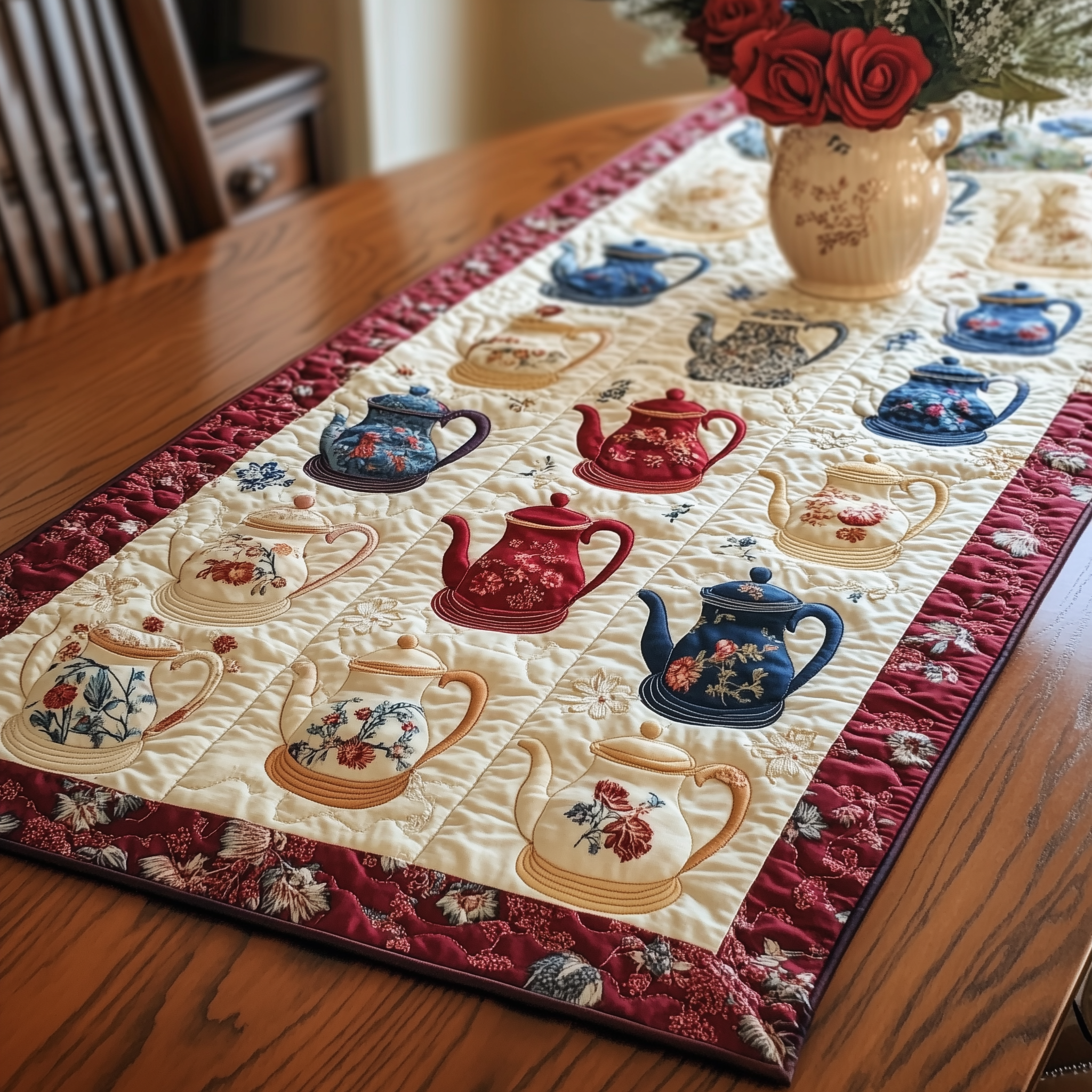 Floral Teapot Quilted Table Runner Best Table Runner Tea Holiday Gifts