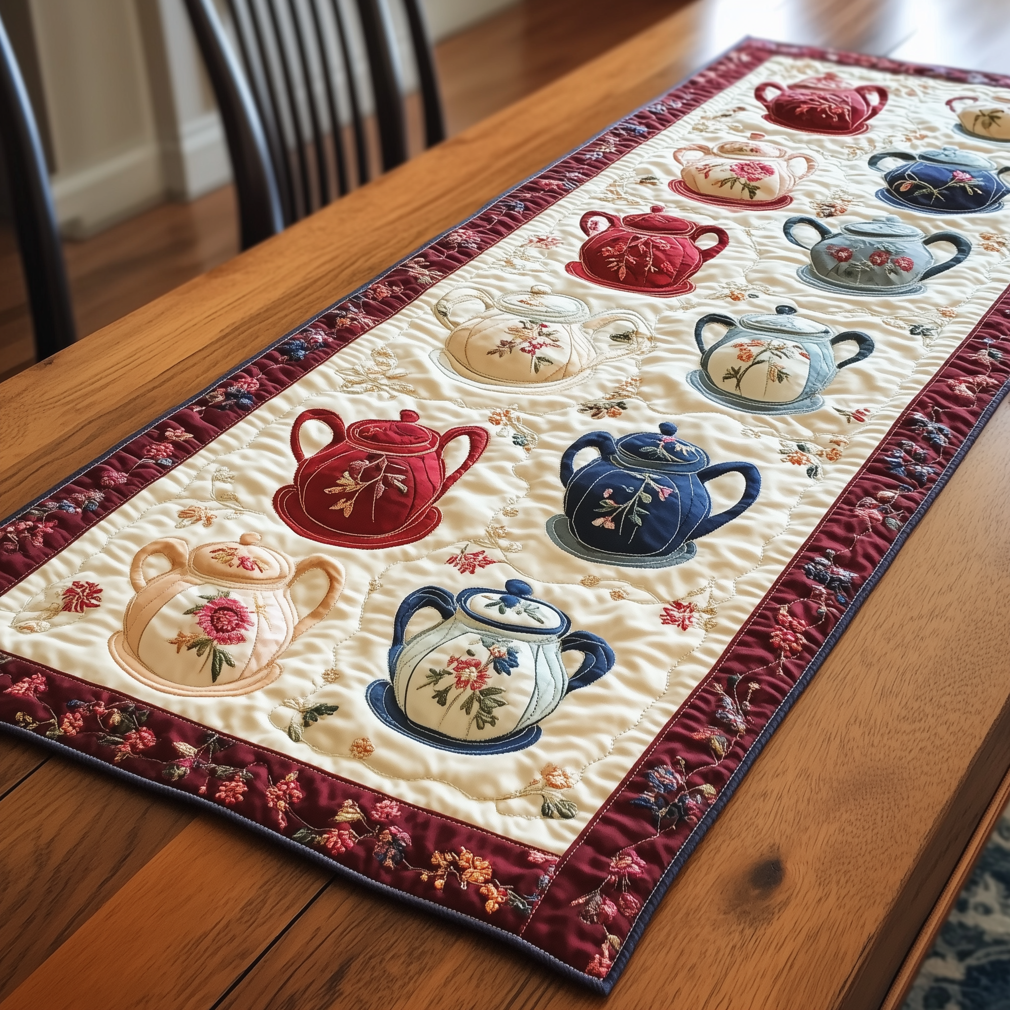 Floral Teapot Quilted Table Runner Cool Table Runner Holiday Tea Gifts