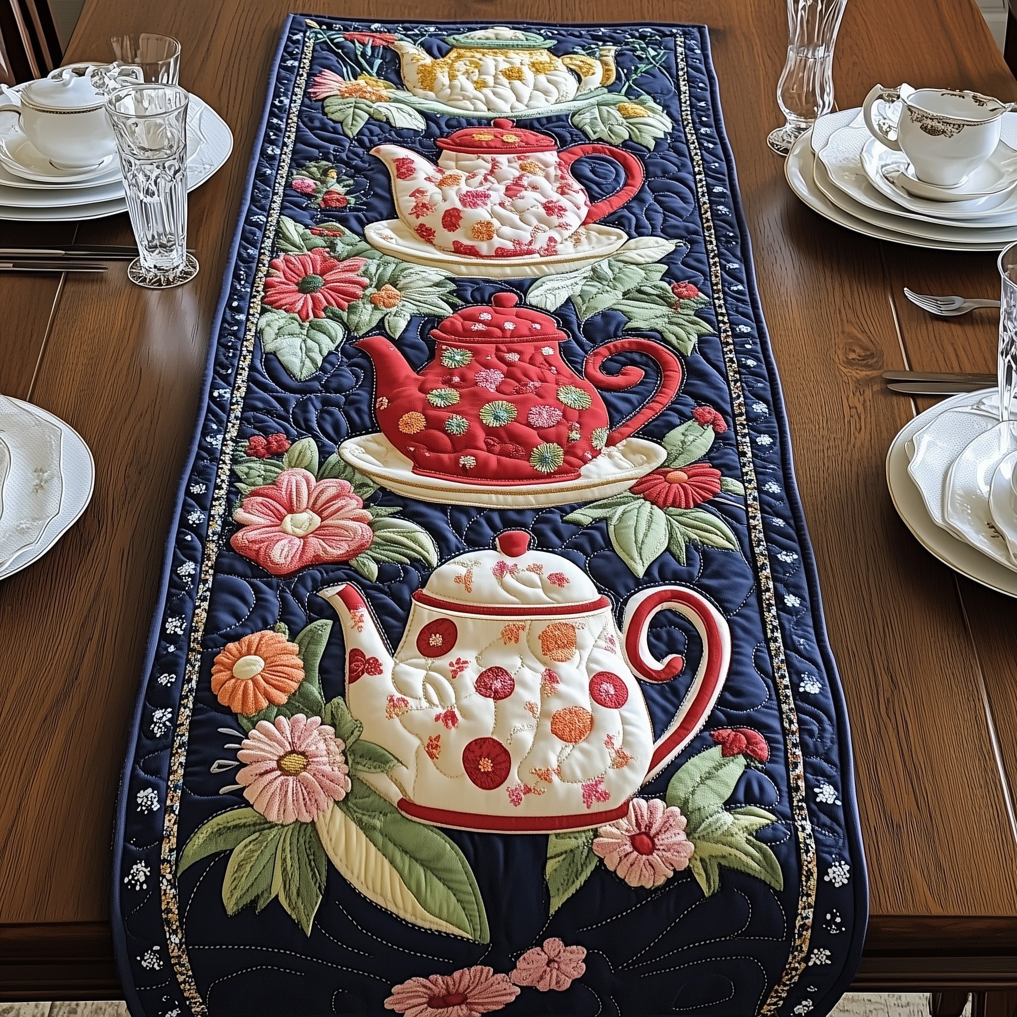 Floral Teapot Quilted Table Runner Dining Room Decor Ideas Christmas Gifts For Tea Lovers