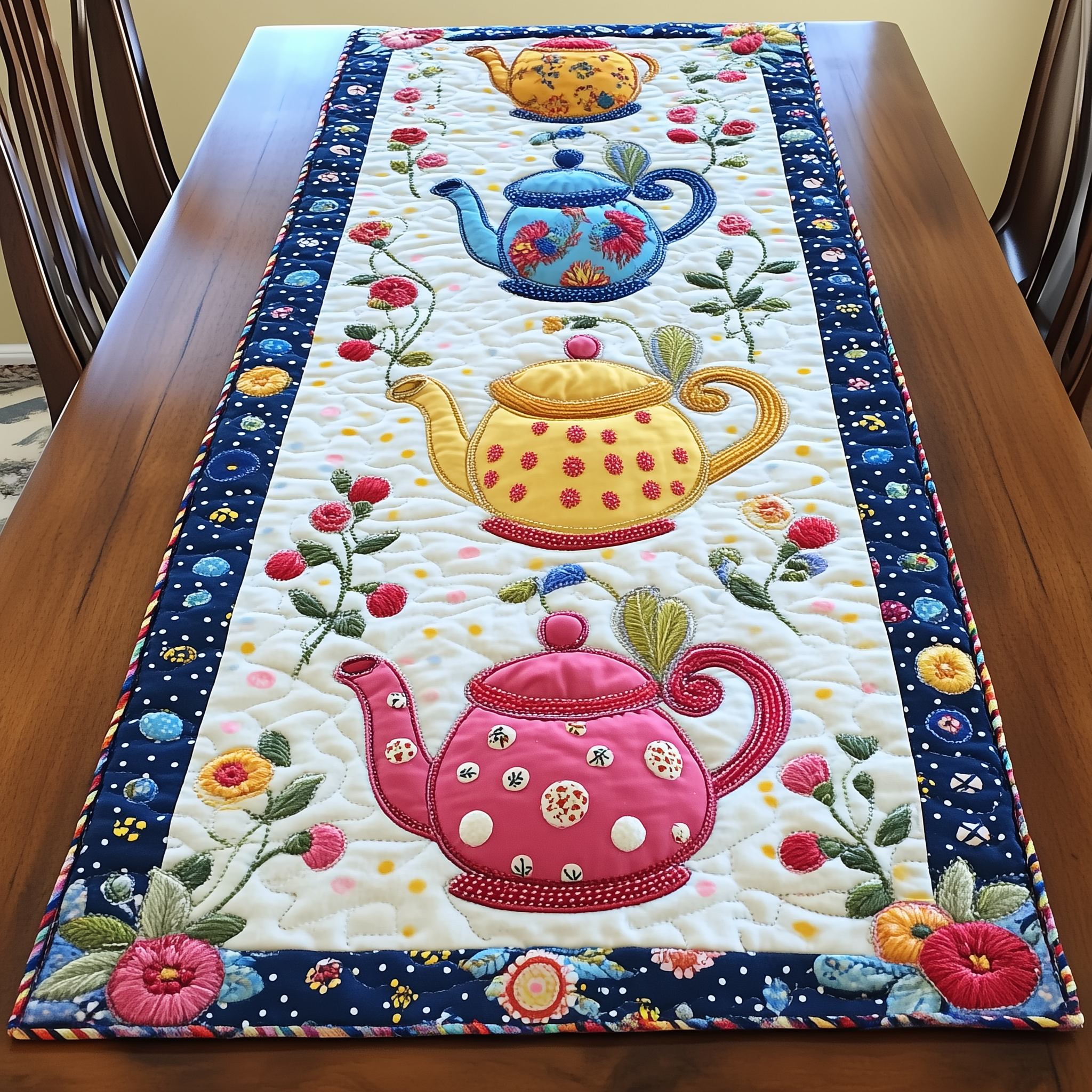 Floral Teapot Quilted Table Runner Dining Room Runner Best Christmas Gifts For Tea Lovers