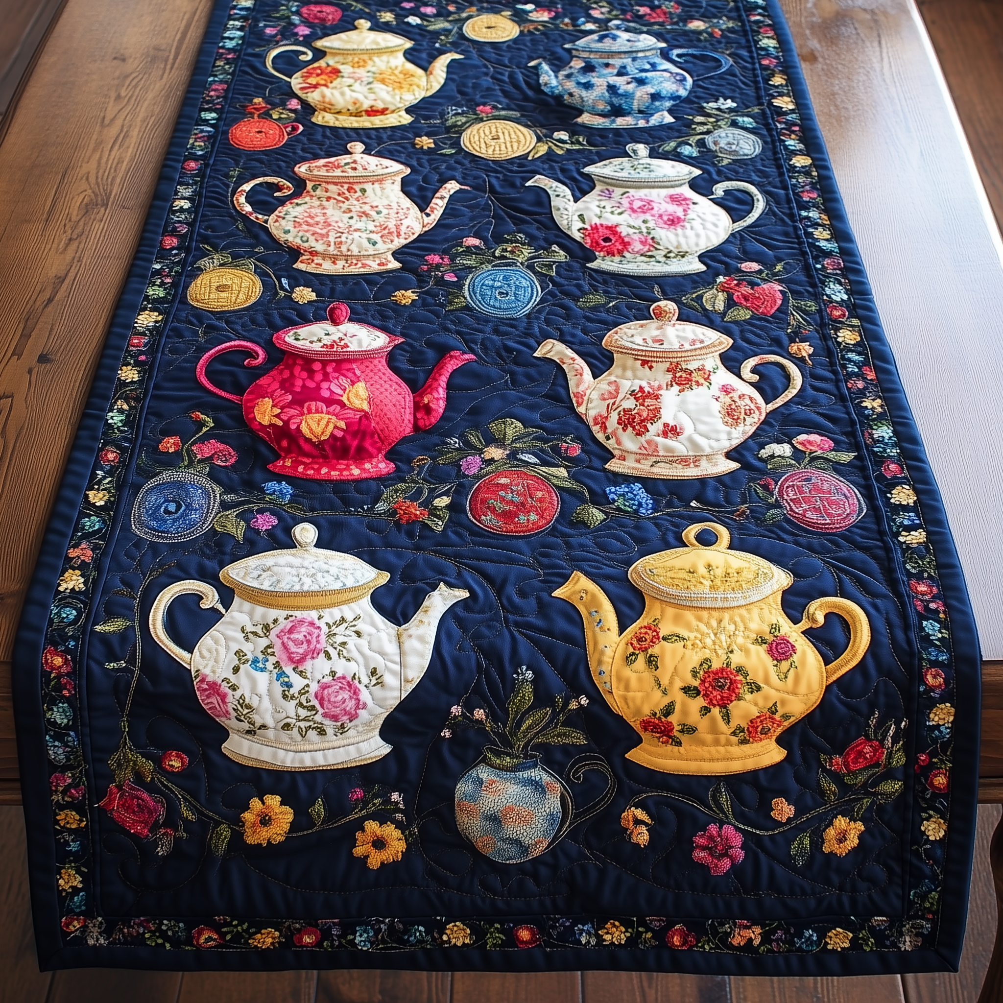 Floral Teapot Quilted Table Runner Dining Room Table Runners Christmas Presents For Tea Lovers