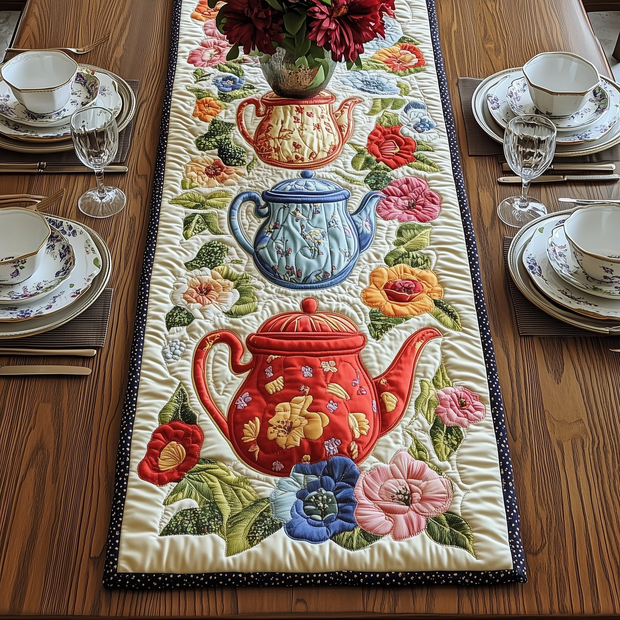 Floral Teapot Quilted Table Runner Dining Table Centerpiece Christmas Presents For Tea Lovers