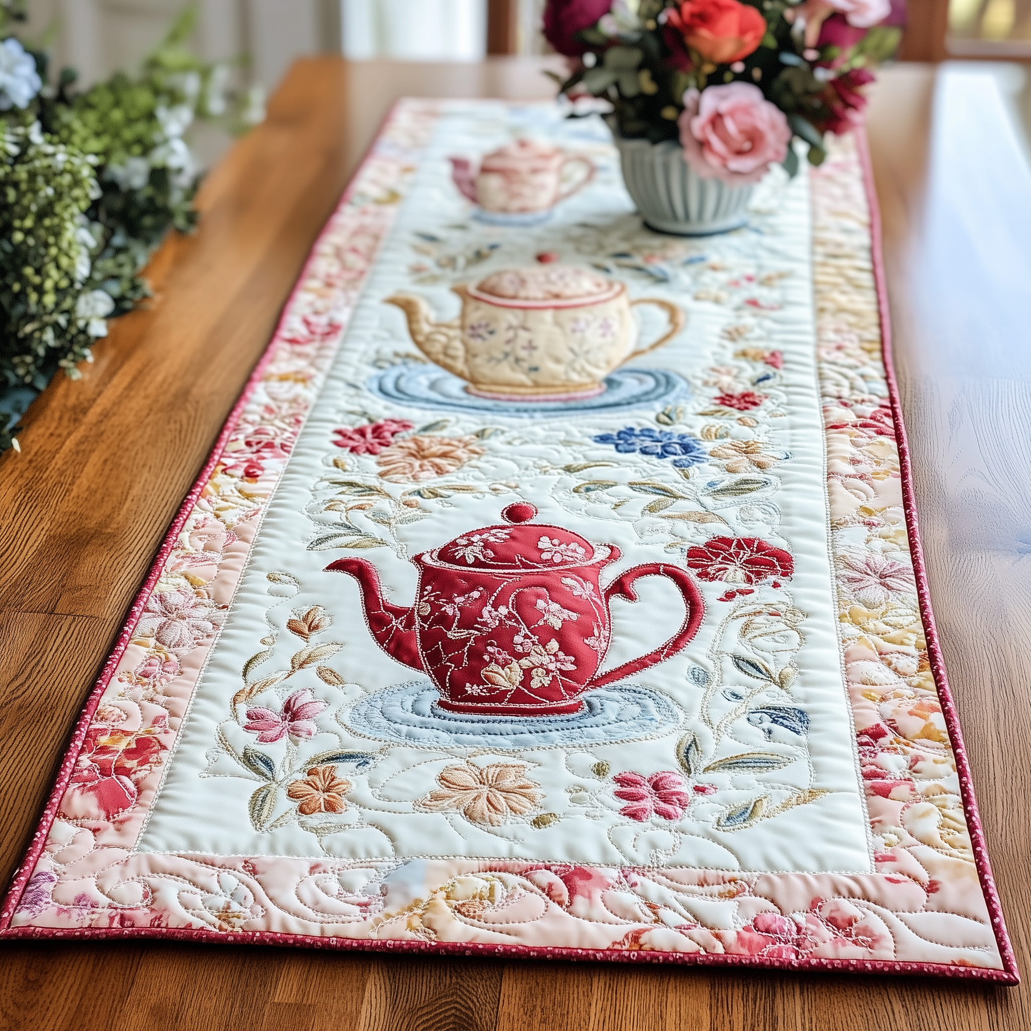 Floral Teapot Quilted Table Runner Dining Table Table Runner Holiday Tea Gifts