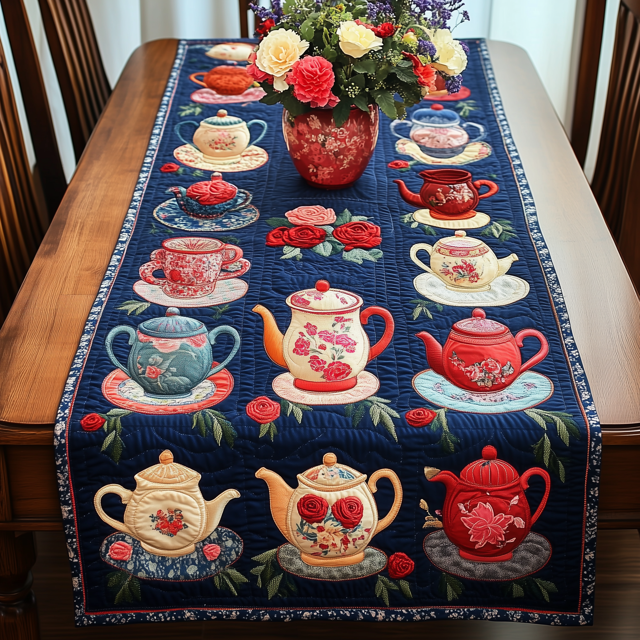 Floral Teapot Quilted Table Runner Dinner Table Decor Christmas Gifts For Tea Drinkers