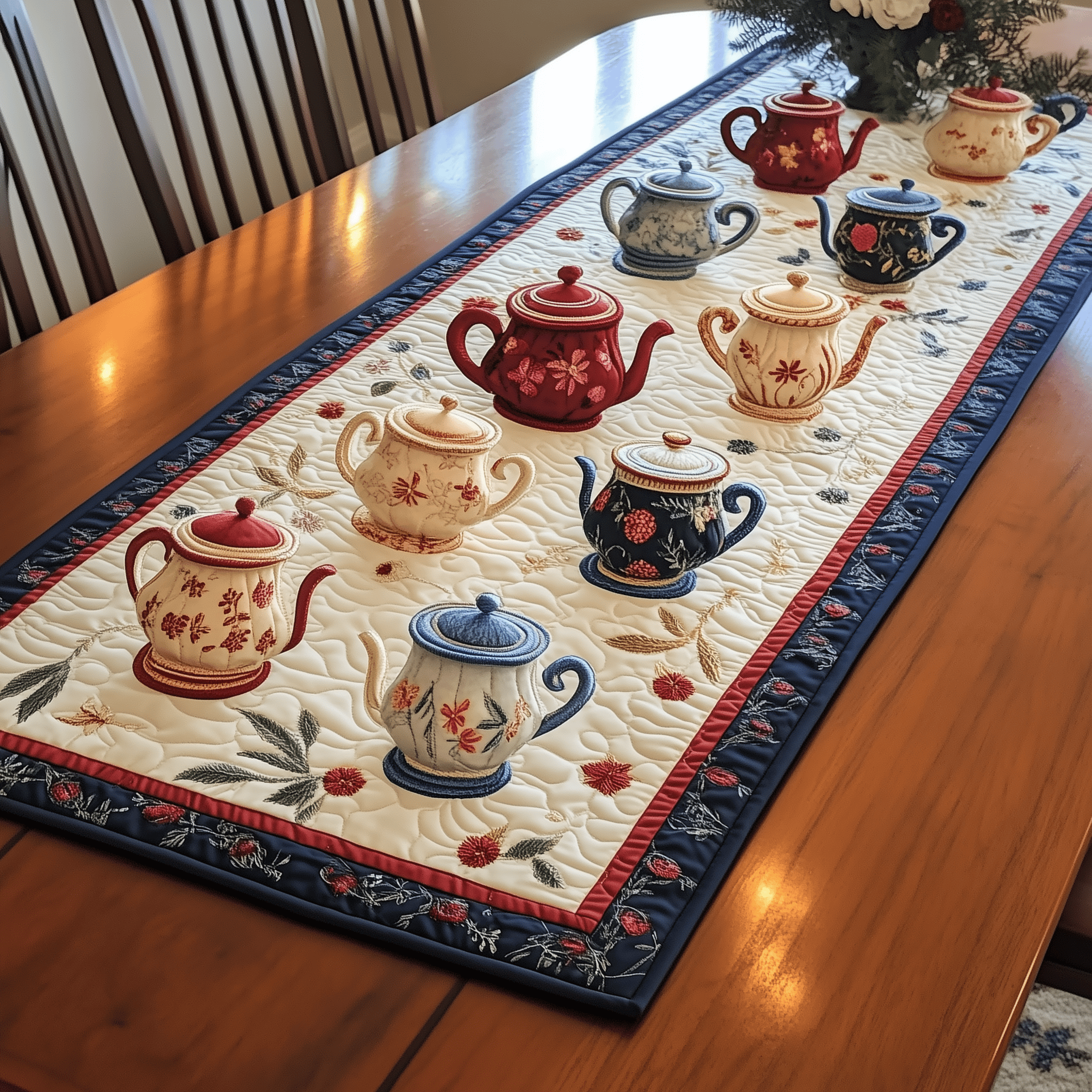 Floral Teapot Quilted Table Runner Elegant Dining Table Runner Christmas Presents For Tea Lovers