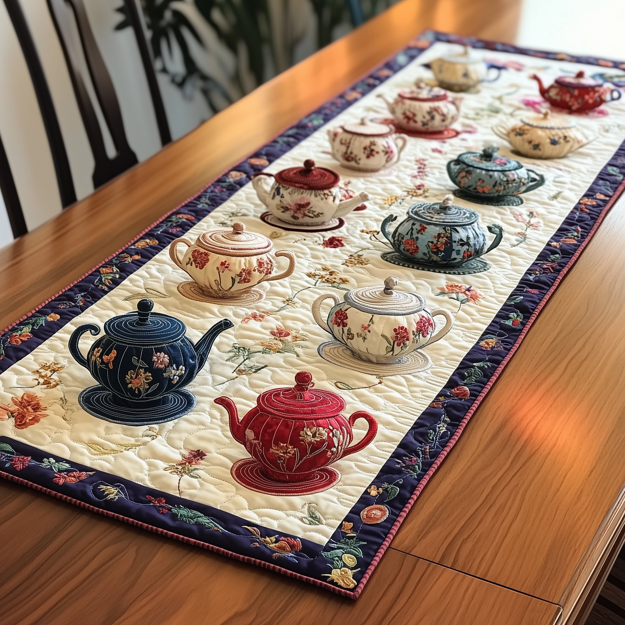 Floral Teapot Quilted Table Runner Holiday Runner Dining Best Christmas Gifts For Tea Lovers