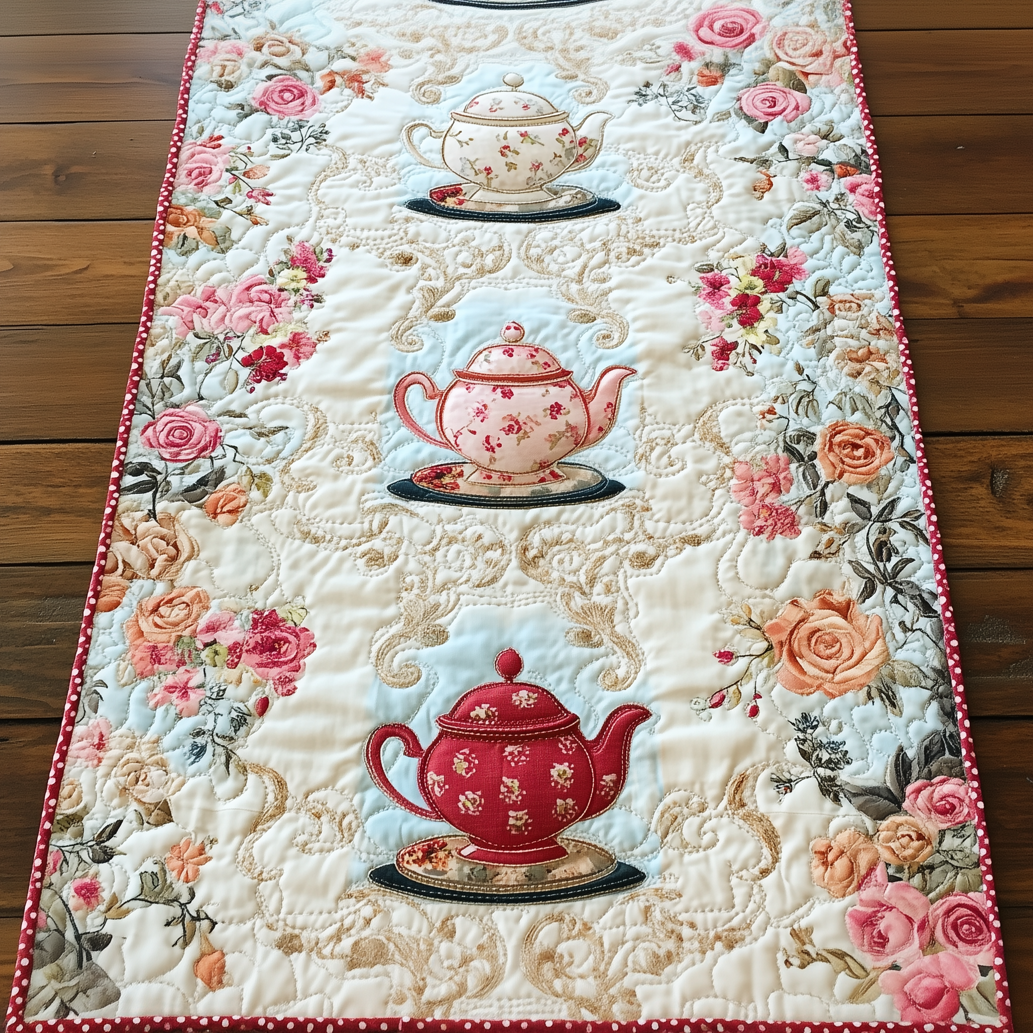 Floral Teapot Quilted Table Runner Kitchen Table Decor Ideas Holiday Tea Gifts
