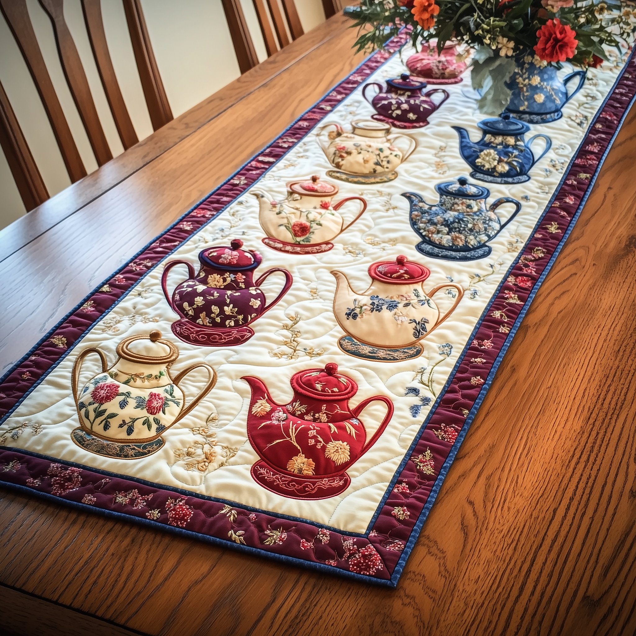 Floral Teapot Quilted Table Runner Table Runners Long Christmas Gifts For Tea Lovers