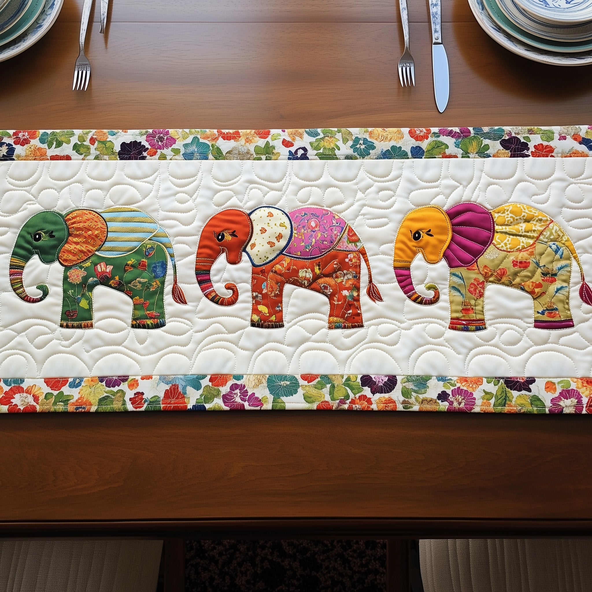 Floral Trunk Parade Quilted Table Runner Dining Room Runner Great Gift For Elephant Lover