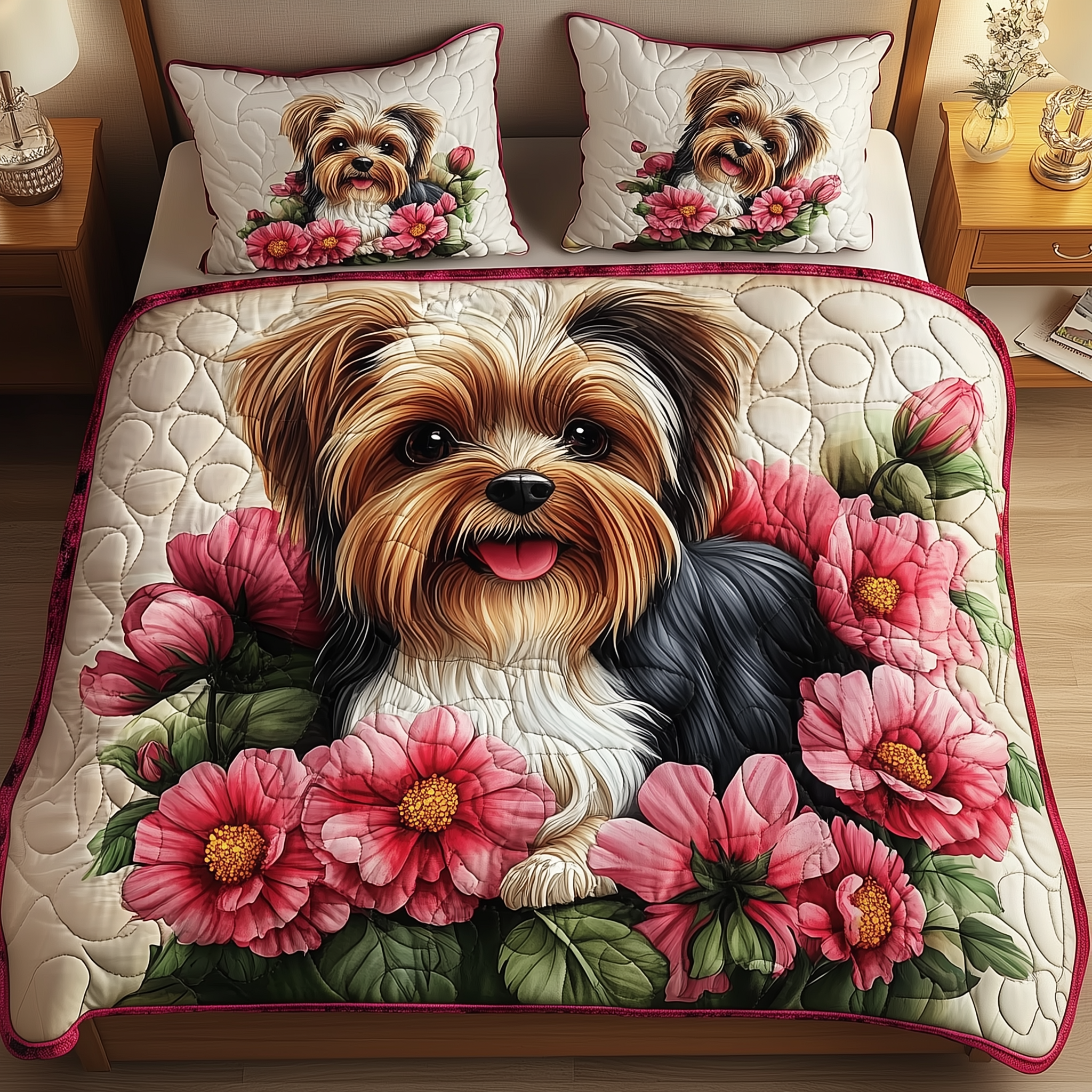 Floral Yorkshire Terrier Quilted Bedding Set Best King Size Sheets Dog Lover Yorkshire Themed Gifts
