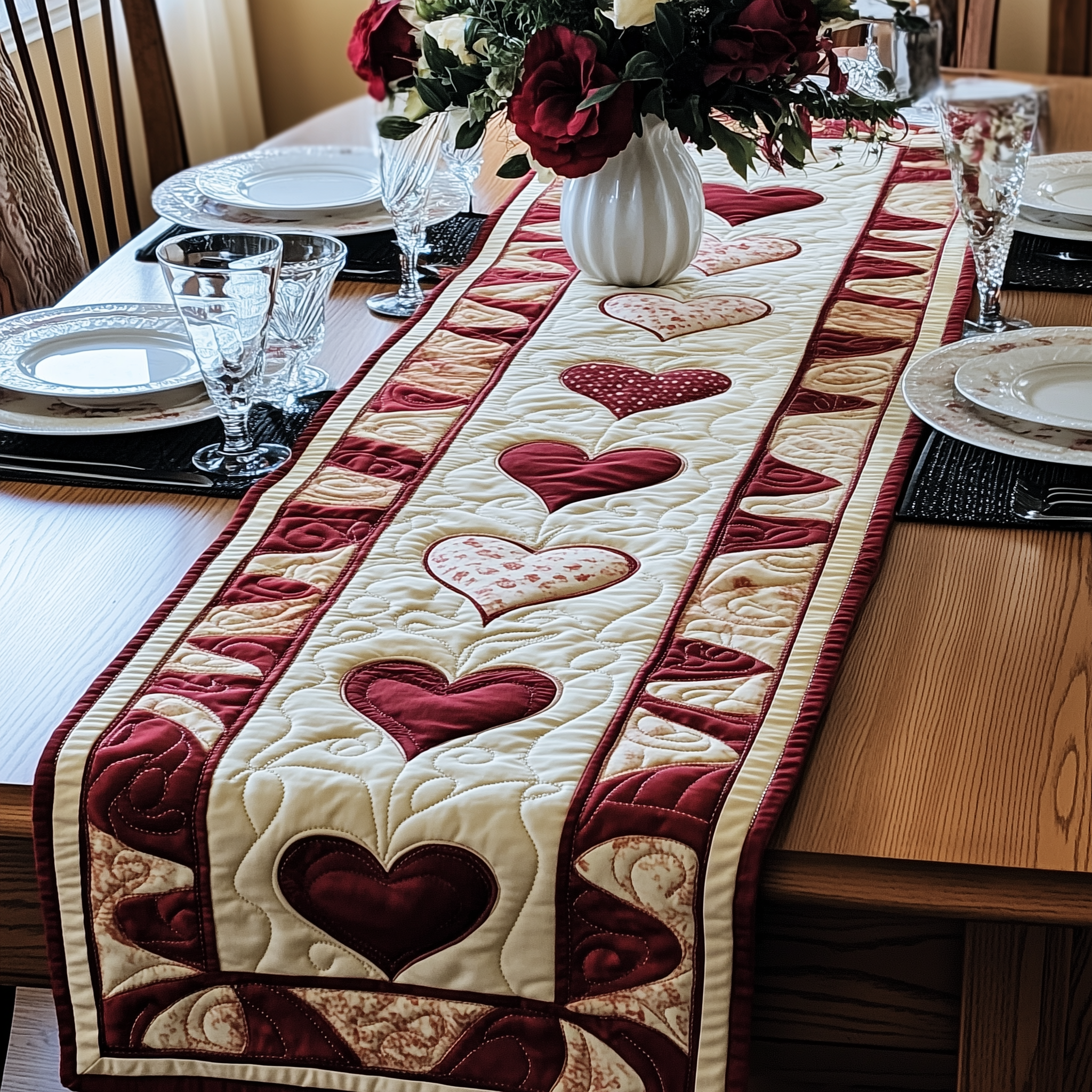 Flourishing Romance Quilted Table Runner Heart Table Decor Top Valentine Day Gifts