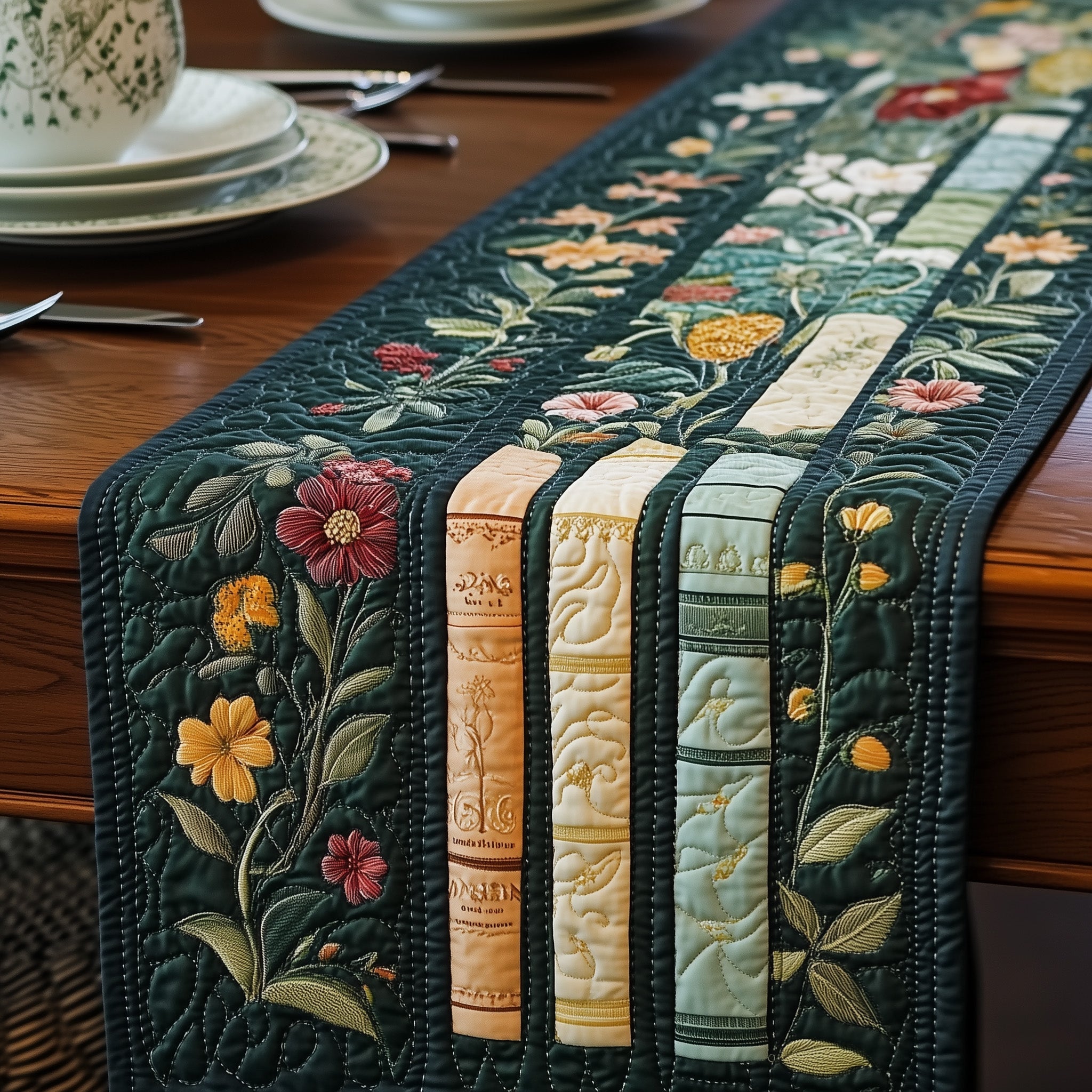 Flower Books Quilted Table Runner Dining Decor Top Mother's Day Gifts