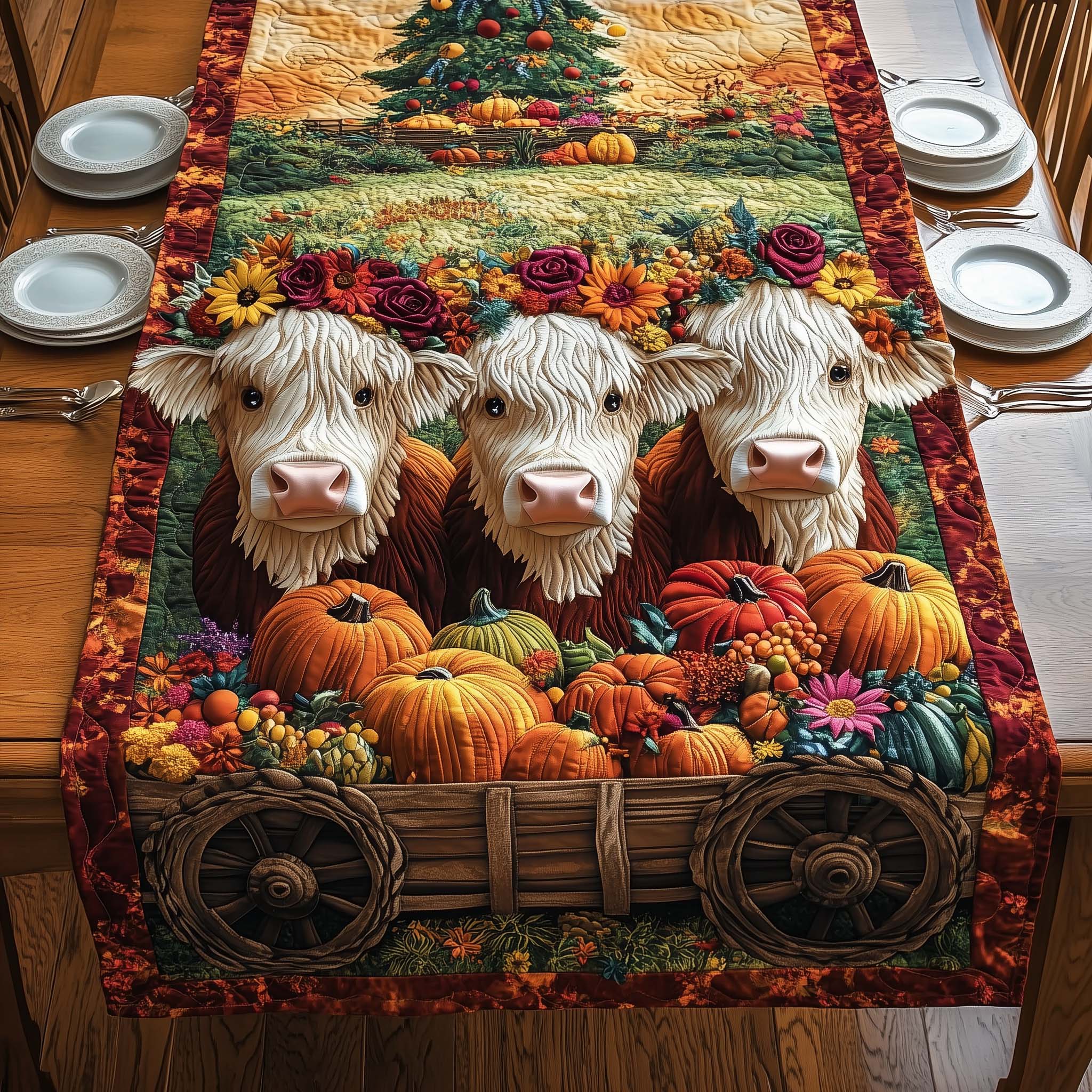 Flower Cows Quilted Table Runner Holiday Runner Dining Family Gift Ideas For Xmas