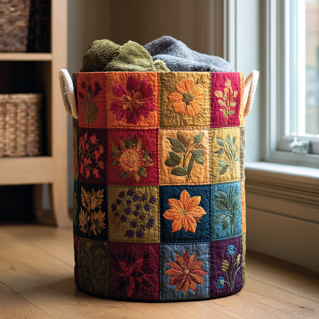 Flower Lane Quilted Laundry Basket Patchwork Floral Hamper Fabric Gift For Mom