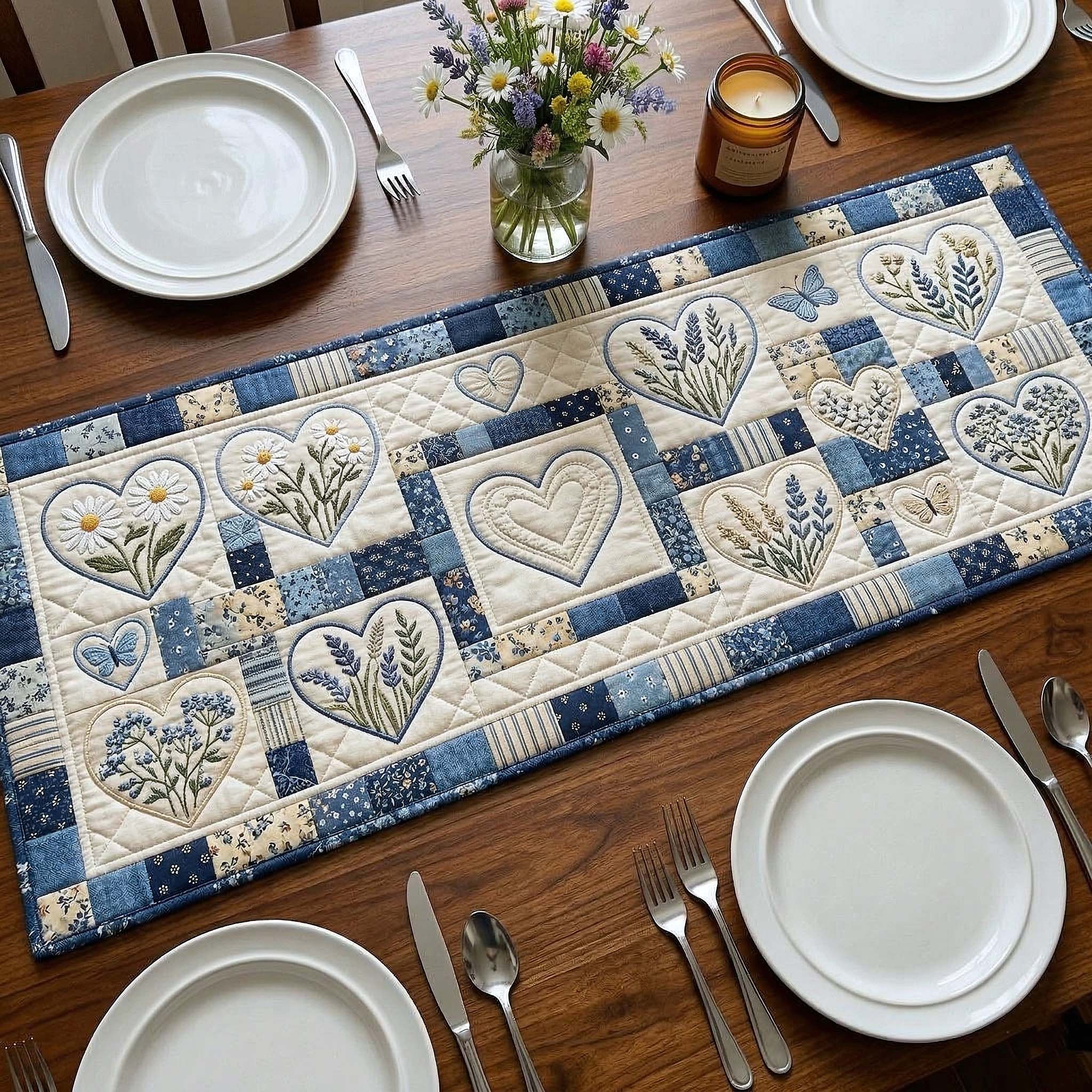Flower Patchwork Quilted Table Runner Dinner Table Runner Mother Gift Ideas