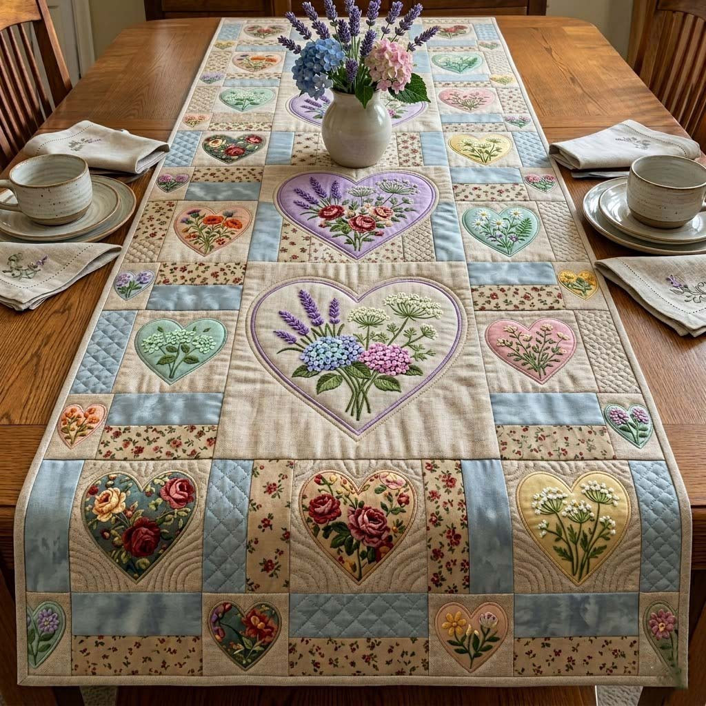 Flower Patchwork Quilted Table Runner Elegant Dining Table Runner Great Mothers Day Gift