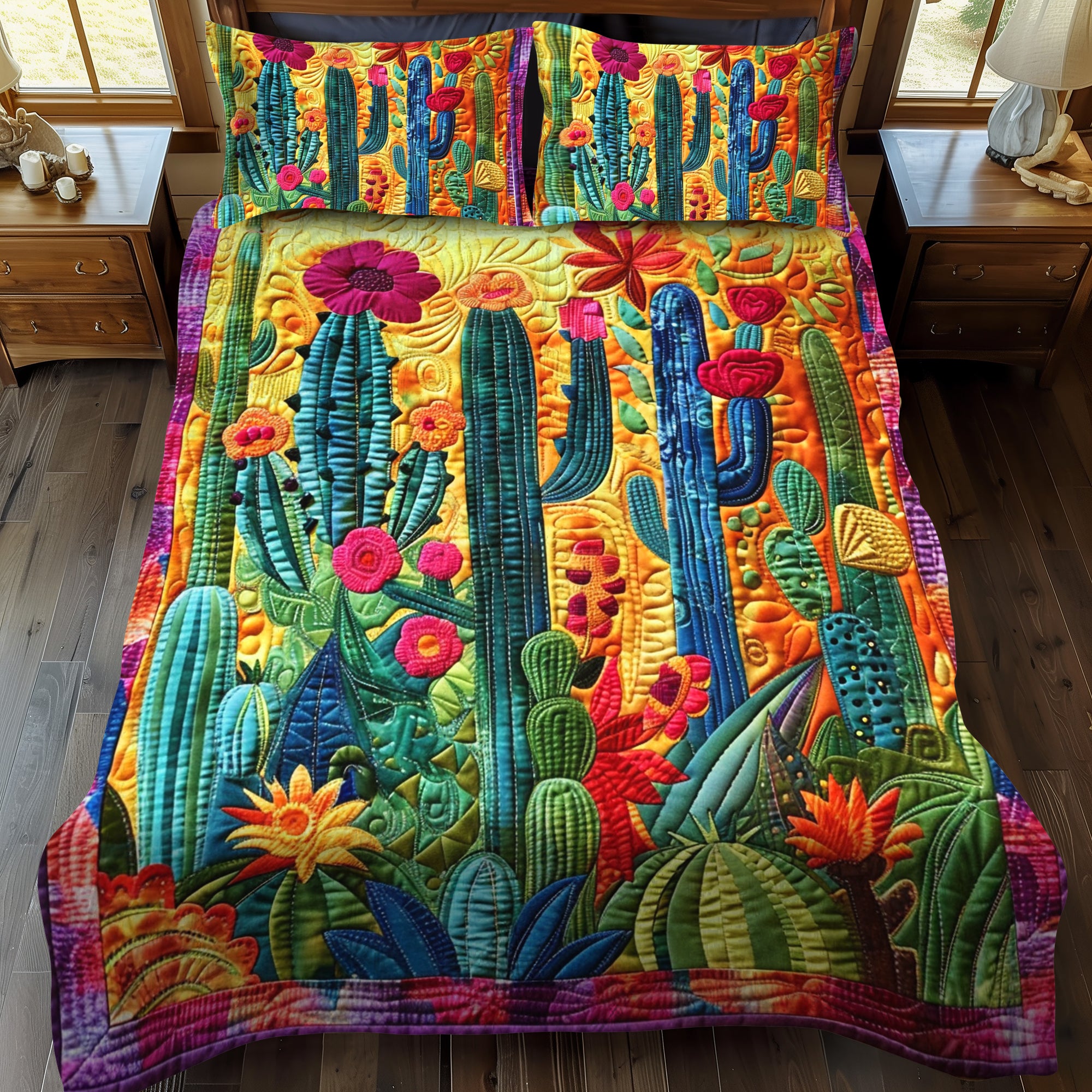 Flowering Cactus Quilted Bedding Set Bed Sheet Set Best Unique Cactus Gifts