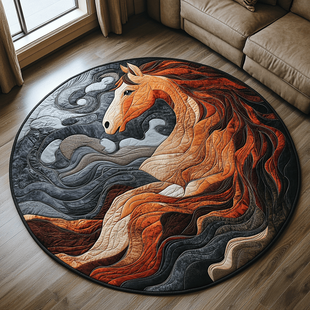 Flowing Horse Quilted Round Mat Large Circle Rug Good Gifts For Horse Owners