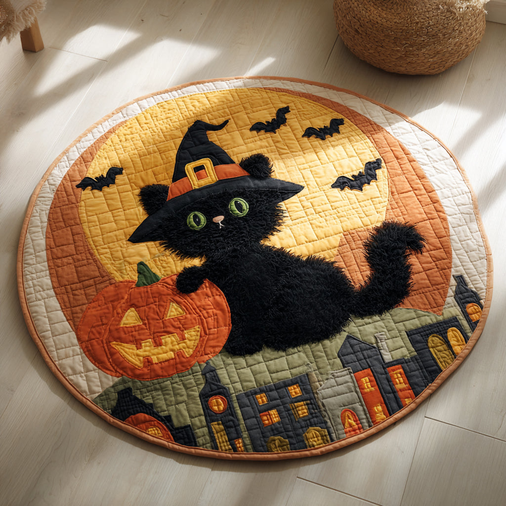 Fluffy Black Cat Halloween Quilted Round Mat Round Kitchen Mat Halloween Gifts For Her