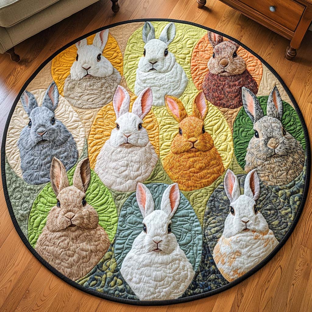 Fluffy Friend Quilted Round Mat Large Round Carpet Gifts For Bunny Rabbit Lovers