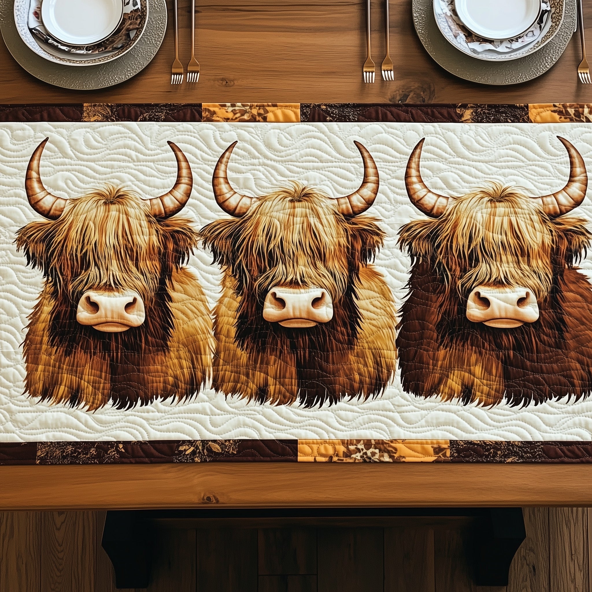 Fluffy Highland Moo Quilted Table Runner Dining Table Centerpiece Ideas Highland Cow Gifts For Men
