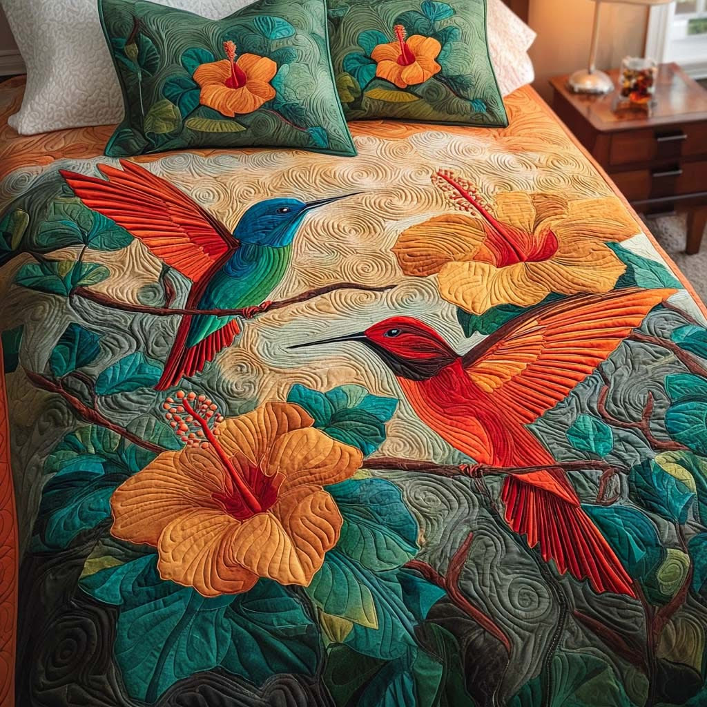 Flutter Kiss Quilted Bedding Set Hummingbird Hibiscus Bed Sheet Set Bedroom Decor
