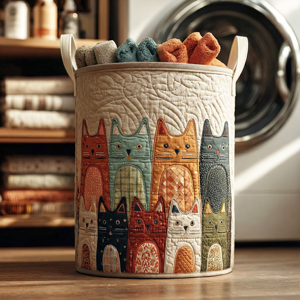 Folk-Art Cats Quilted Laundry Basket Storage Bins For Clothes Unique Gifts For Cat Lovers