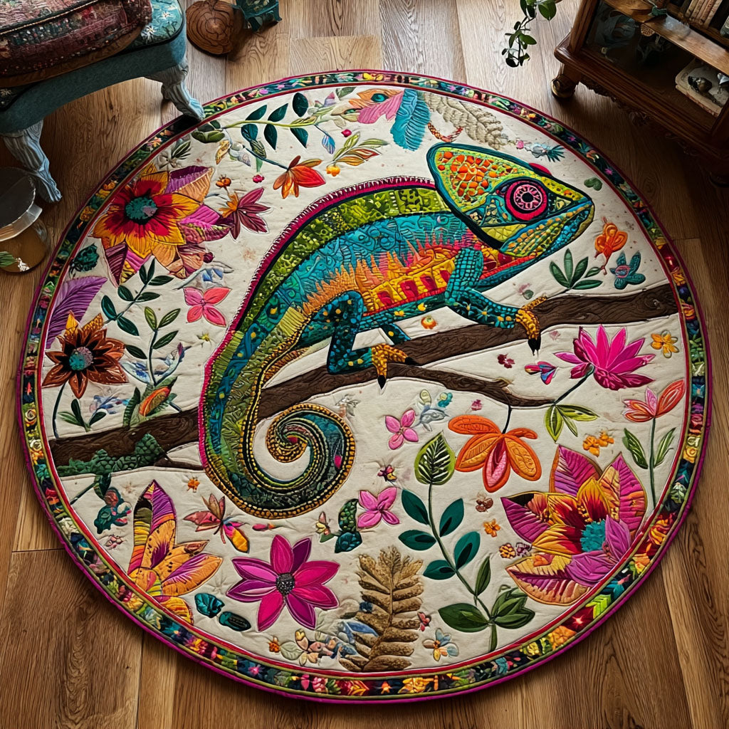 Folk Art Chameleon Quilted Round Mat Rug With Circles Best Mothers Day Gift Ideas