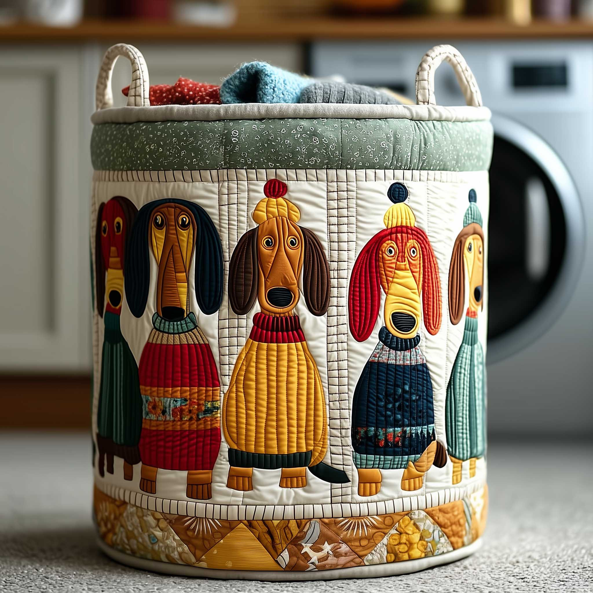 Folk Dogs Village Quilted Laundry Basket Colorful Dog Folk Art Hamper Pet Lover Gift