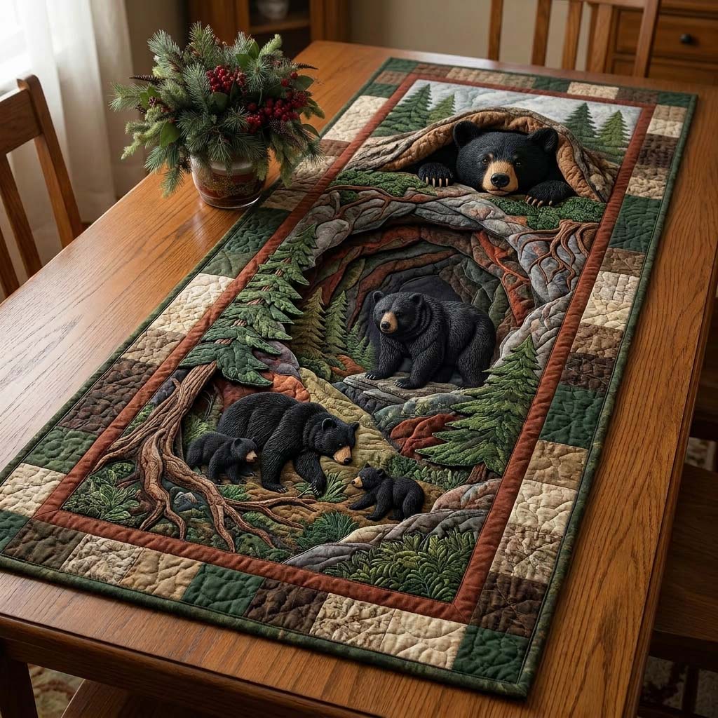 Forest Bear Family Quilted Table Runner Dinner Table Runner Bear Themed Gifts