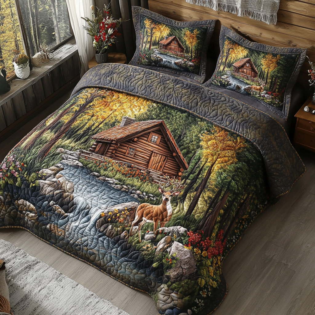 Forest Deer Lodge Quilted Bedding Set Bed Room Decoration Good Family Gifts