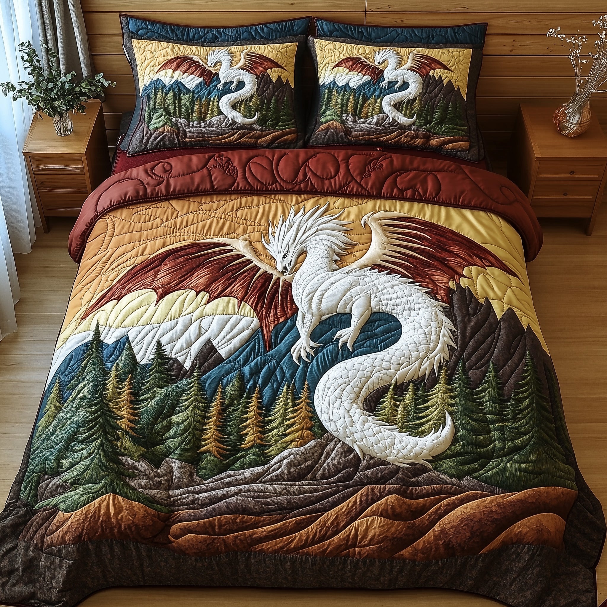 Forest Dragon Quilted Bedding Set Bed Room Decoration Best Gift For Dragon Lovers