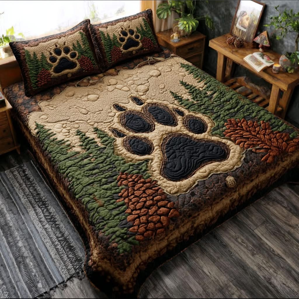 Forest Footprints Quilted Bedding Set Rustic Themed Bed Decor Gifts For Wildlife Lovers