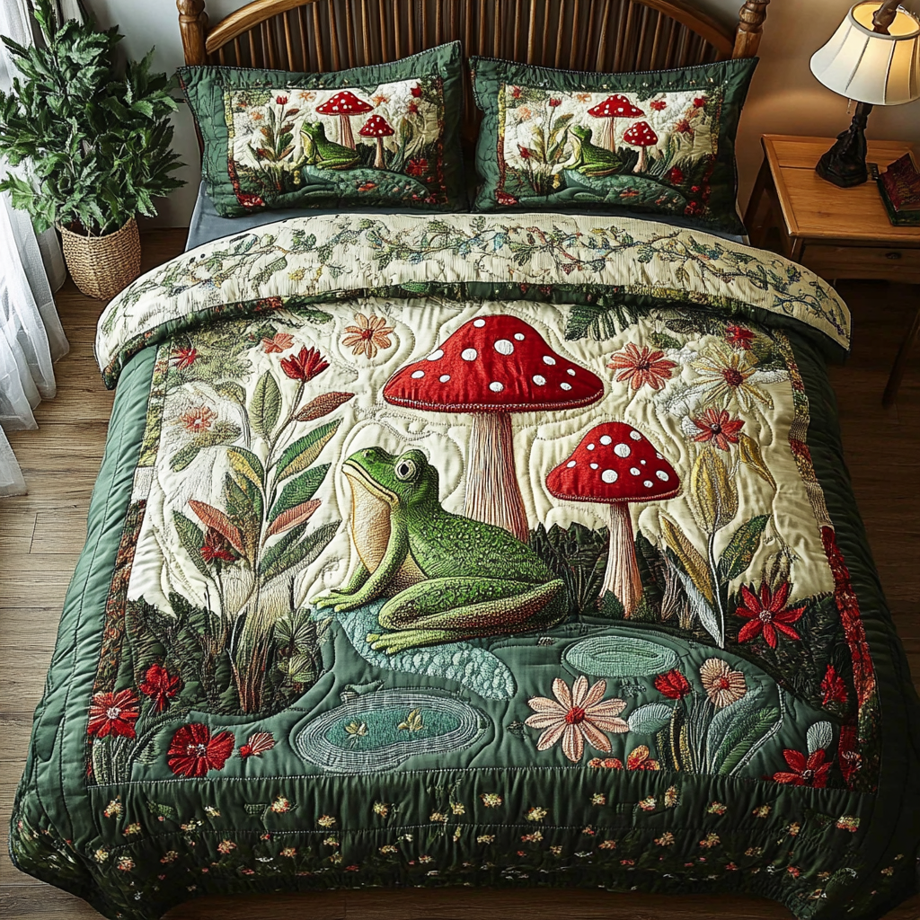 Forest Glow Quilted Bedding Set Cute Boho Comforter Sets Gift For Frog Lover