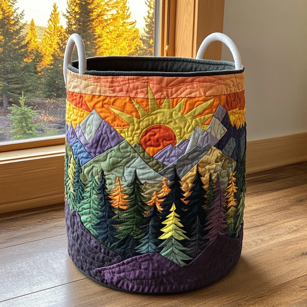 Forest Glow Quilted Laundry Basket Sunset Mountain Forest Hamper Fabric Nature Gift