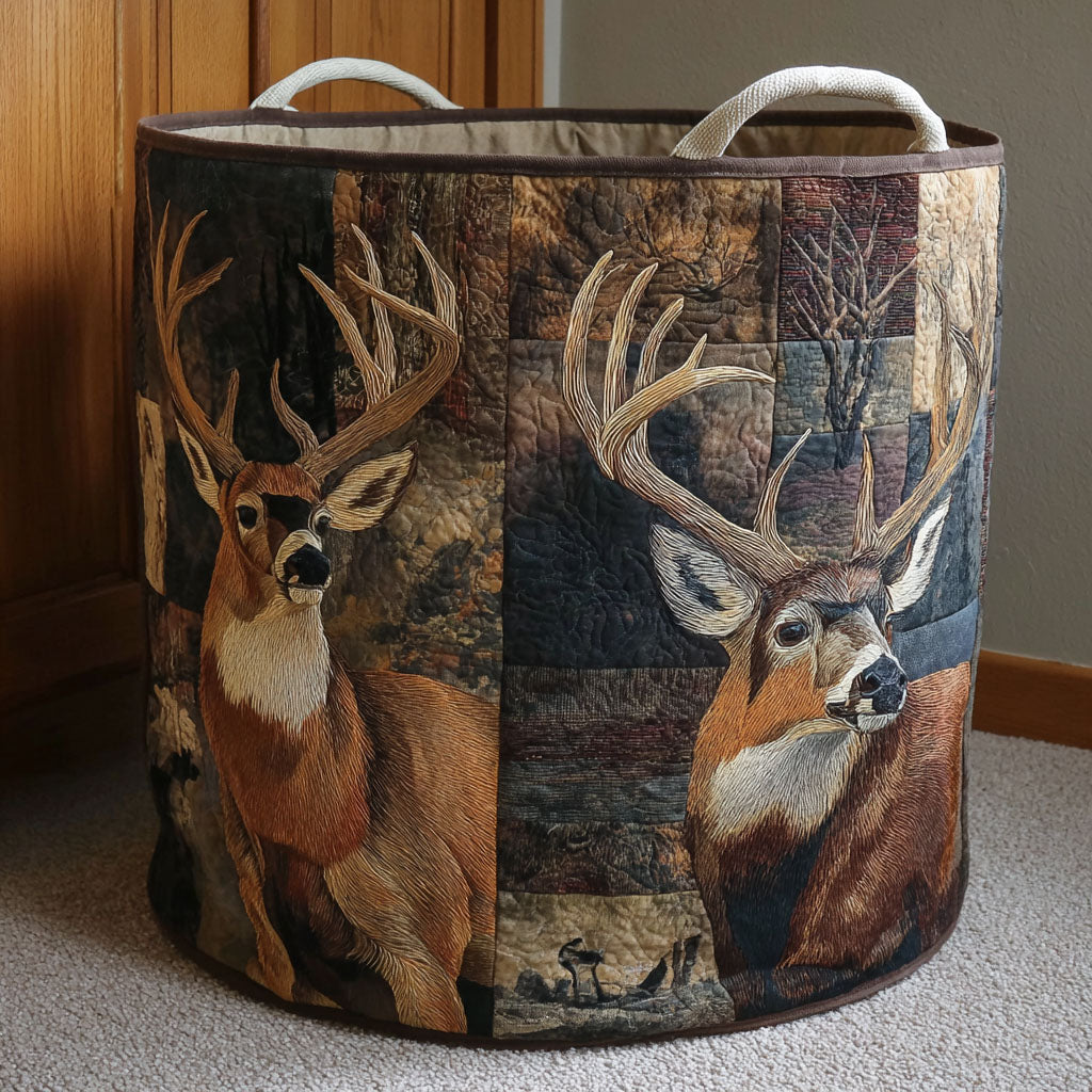Forest Lodge Quilted Laundry Basket Deer Cabin Scene Basket Fabric  Gift For Dad