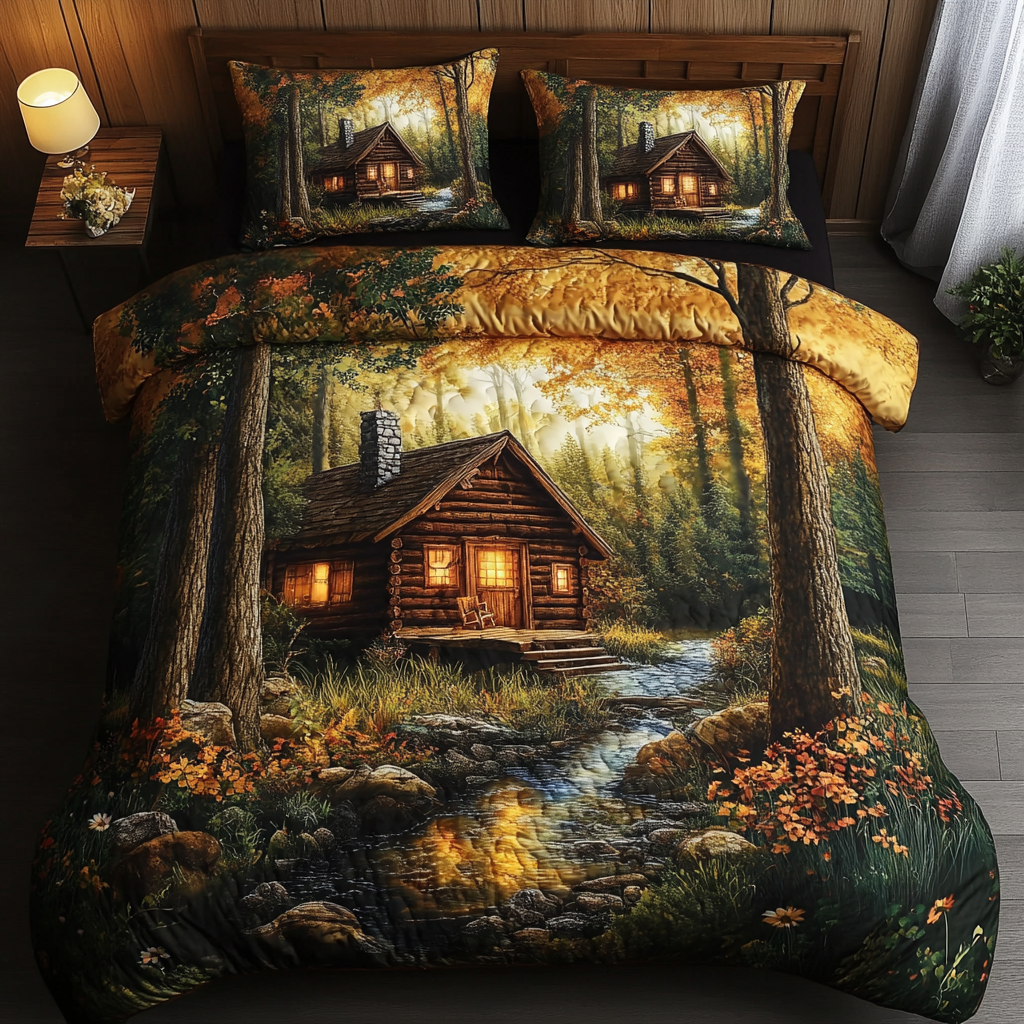 Forest Log Cabin Quilted Bedding Set Bed Decor Family Present Ideas