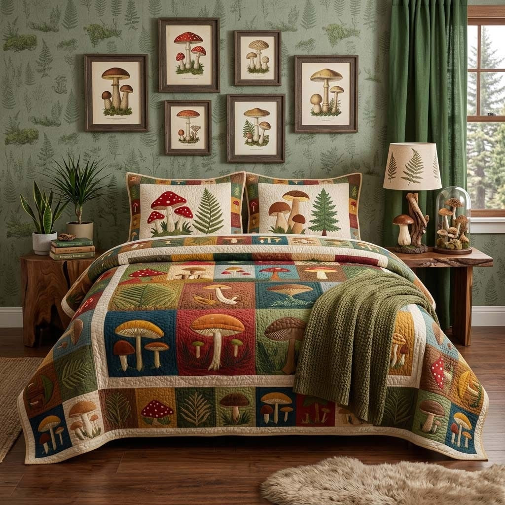 Forest Mushroom Quilted Bedding Set Aesthetic Room Decor Presents For Mushroom Lovers