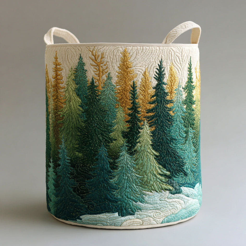 Forest Path Quilted Laundry Basket Pine Tree Landscape Clothes Hamper Gift For Friends