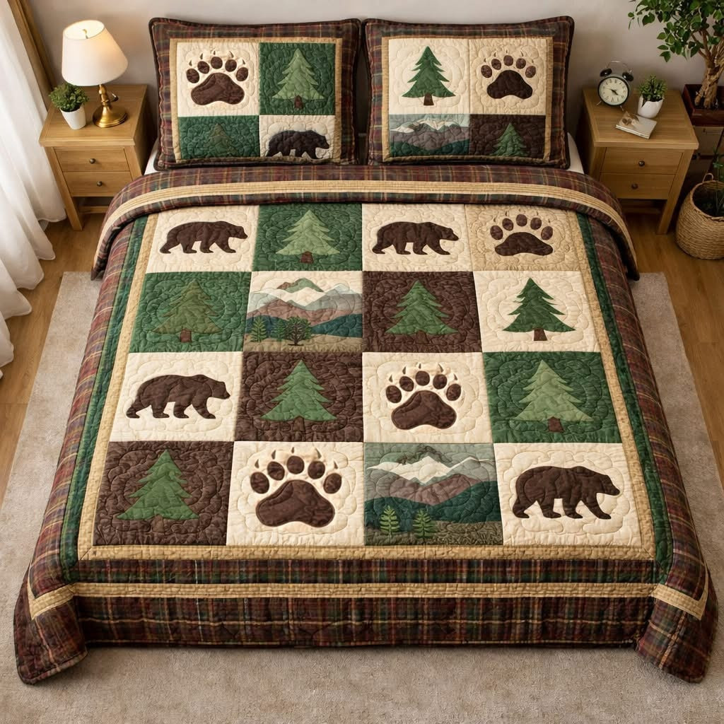 Forest Paw Trail Quilted Bedding Set Rustic Patchwork Bedsheet Set Father's Day Gifts