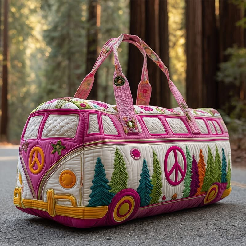 Forest Peace Sign Hippie Van Quilted Duffle Bag Sunflower Vibrant Bag Gift For Nature Lovers
