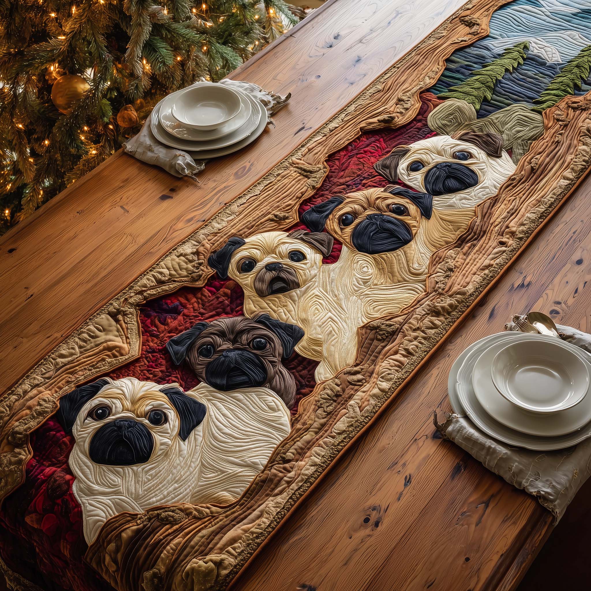 Forest Pugs Quilted Table Runner Elegant Holiday Decor Family To Family Christmas Gift Ideas