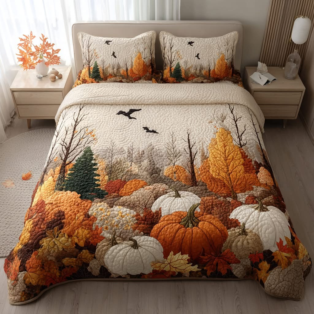 Forest Pumpkin Fall Quilted Bedding Set Duvet Cover Fall Season Autumn Themed Gifts For Her